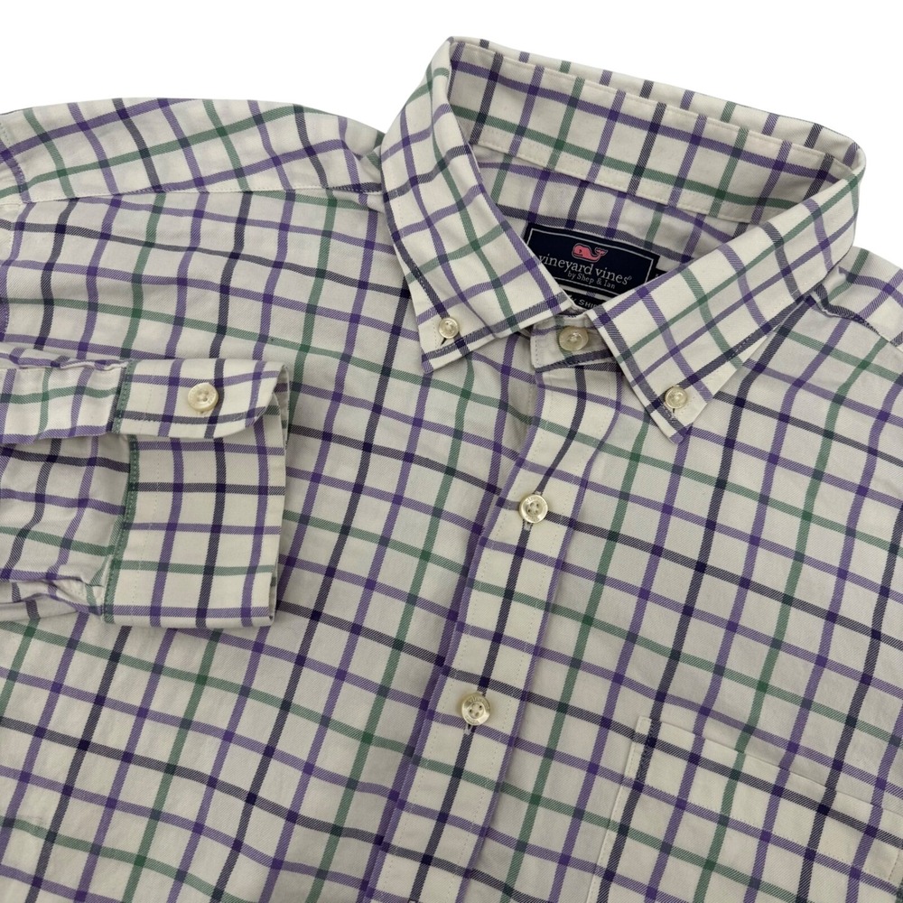 Vineyard Vines Murray Shirt Mens Large White Purple Green Tattersall Check‎